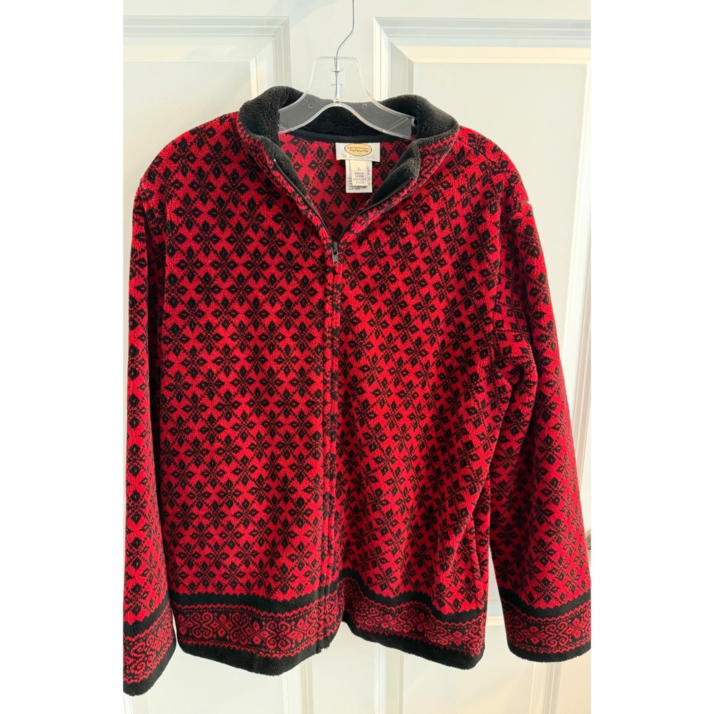 Talbots Red Black Fair Isle Fleece Zip Jacket Mock Neck Snowflake Womens Large